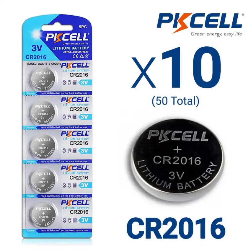 Bundle of 50 CR2016 3V Lithium Coin Cell Batteries (10 Packs of 5, Blister Card Packaging)