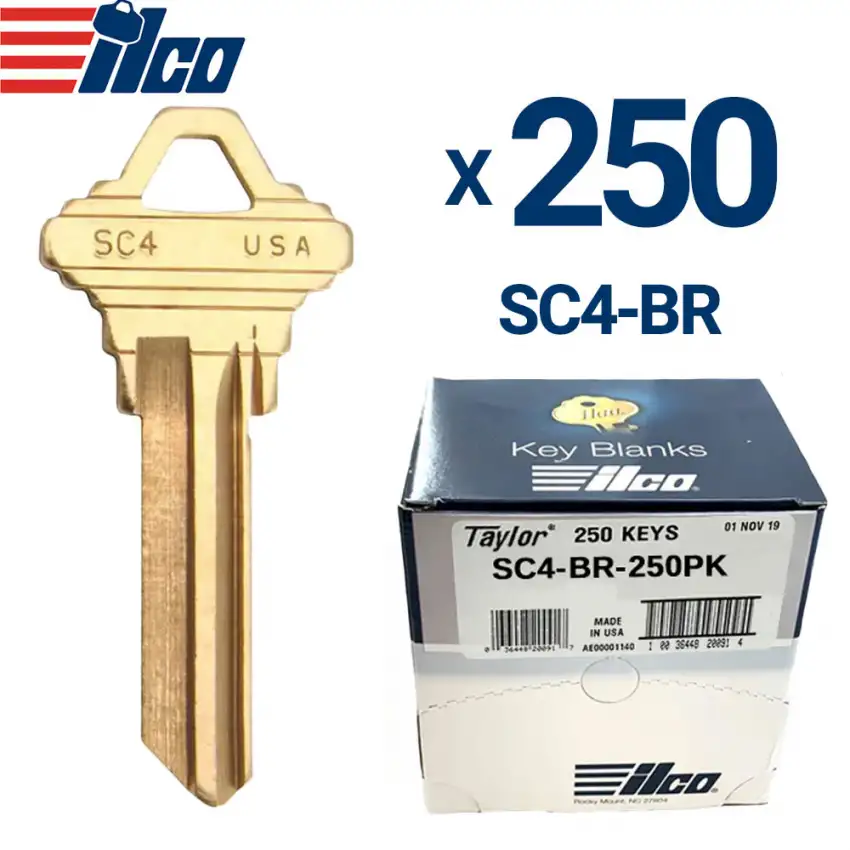 ILCO Metal Head Key Blank Brass Finish Schlage 6-Pin SC4 Pack of 250